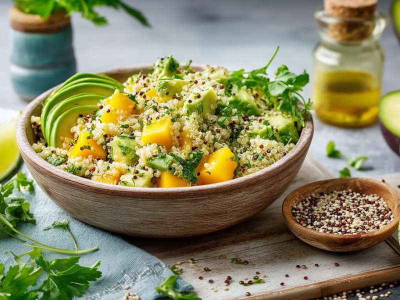 Un tazón con ensalada de quinoa y aguacate está sobre una base de madera sobre un fondo gris. A la izquierda del tazón hay perejil fresco, una rodaja de lima y una lima. A la derecha del tazón hay un plato pequeño con quinoa, media lima, medio aguacate y una botella de aceite al fondo.