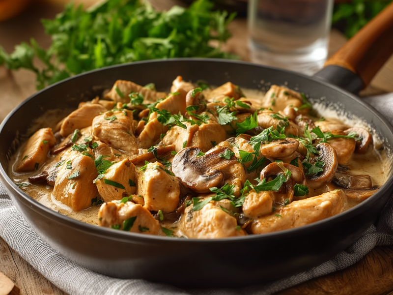 Una sartén con pollo stroganoff sobre un paño de cocina. El platillo está preparado con trozos de pollo, champiñones y perejil fresco. Junto a la sartén hay una cuchara de madera. Al fondo se ven cabezas de ajo y más perejil.