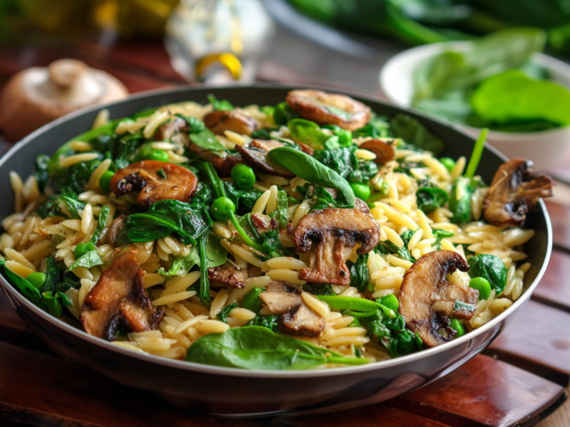 Un sartén de orzo con espinacas y champiñones sobre una superficie de madera. Al fondo hay otros ingredientes, como espinacas frescas y champiñones.