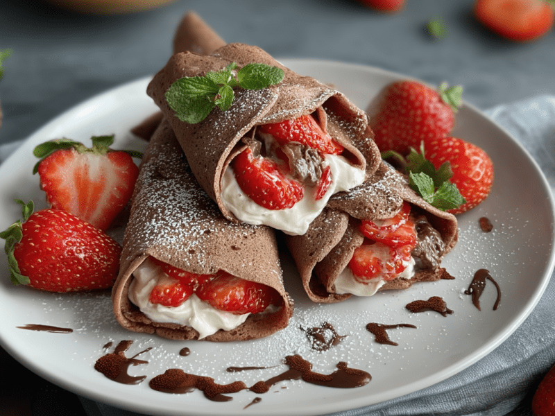 Tres burritos de cacao con fresas yacen en un plato blanco. Alrededor de ellos hay algunas fresas y un poco de salsa de chocolate.
