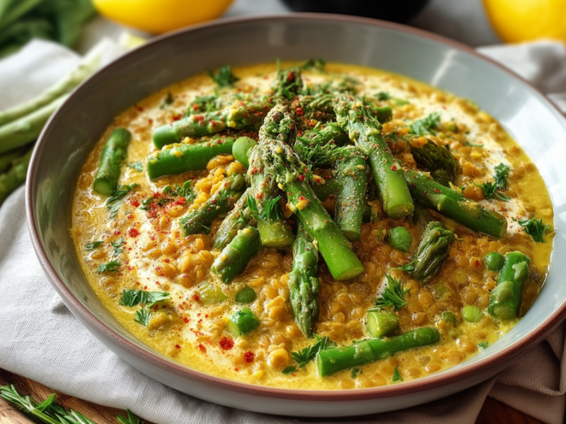 Un plato hondo con curry de lentejas y espárragos, que está sobre una servilleta de tela en una tabla redonda de madera. Junto al plato hay una cuchara. También se ven espárragos verdes y limones en la imagen.