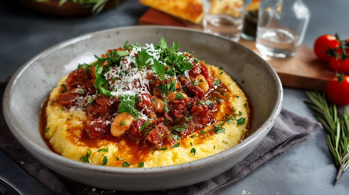 Plato de polenta con salsa de frijoles y chorizo