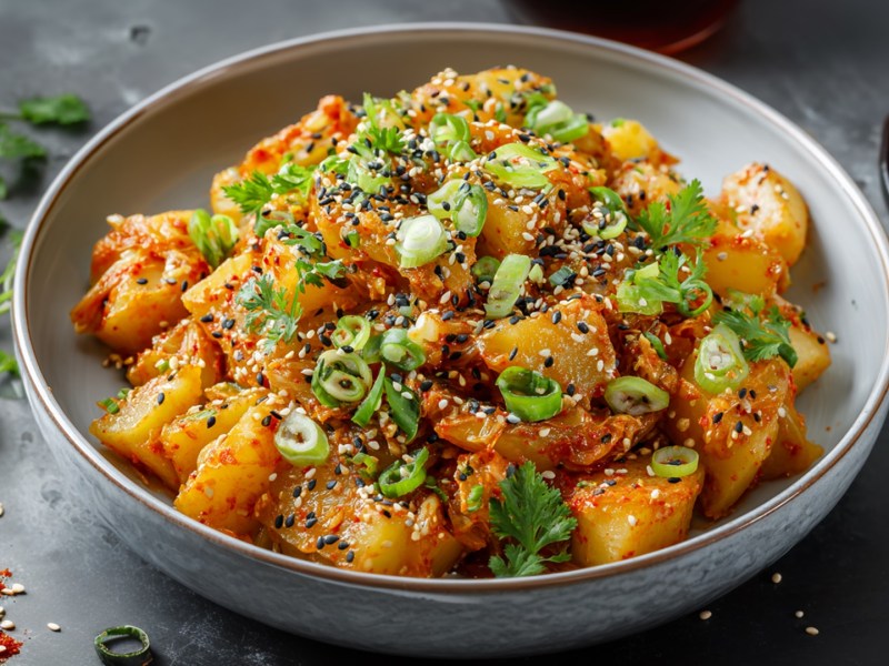 Un plato con ensalada de kimchi y papa. Alrededor se puede ver cilantro fresco, especias de chile y un tazón con hojuelas de chile.