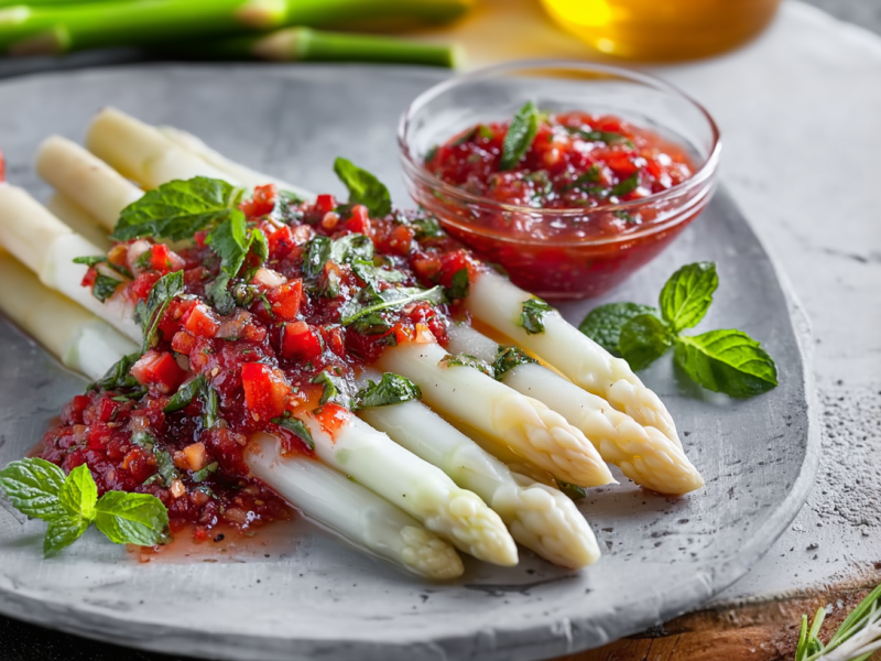 Espárragos blancos con salsa de fresa, albahaca y menta en un plato gris rústico. A la izquierda del plato hay fresas frescas. A la derecha de la imagen hay una ramita de romero.