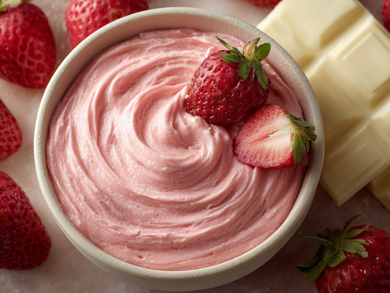 Un tazón de ganache de fresa, decorado con fresas frescas.