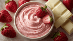 Un tazón de ganache de fresa, decorado con fresas frescas.