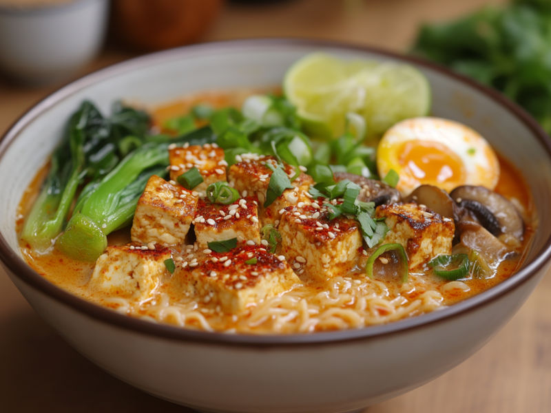 Un tazón lleno de ramen de coco y curry con cubos de tofu, pak choi, champiñones y huevo blando, decorado con cebollines, sésamo y lima. El tazón está sobre una tabla de madera. Al fondo se pueden ver borrosas hierbas frescas y pequeños tazones.