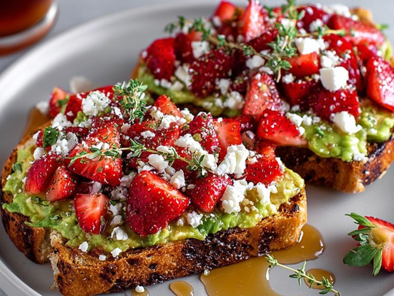 Dos tostadas de aguacate con fresas y queso fresco de cabra, decoradas con tomillo fresco. Las tostadas están en un plato gris.