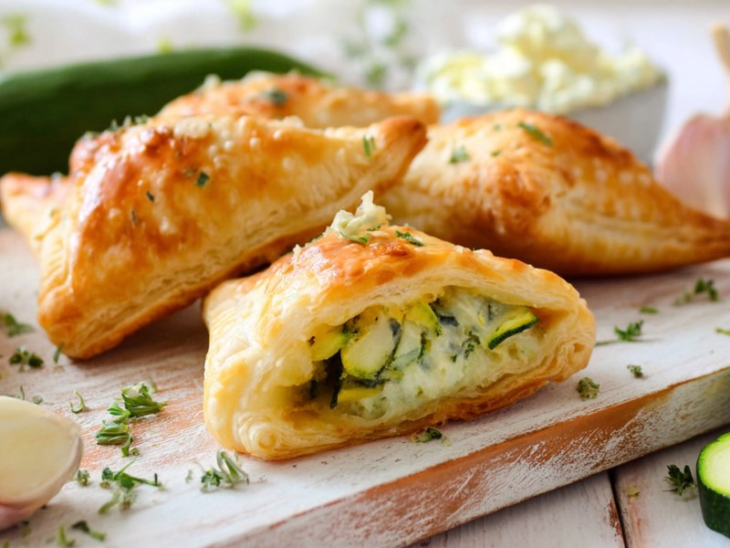 Una tabla de madera blanca sobre la que se colocan algunas empanadas de hojaldre, calabacín y queso fresco. Una de ellas está cortada por la mitad para que se pueda ver el relleno. Alrededor hay un calabacín, rodajas de calabacín, una cabeza de ajo y un diente de ajo, así como hierbas frescas picadas. Al fondo se puede ver un tazón con queso fresco.