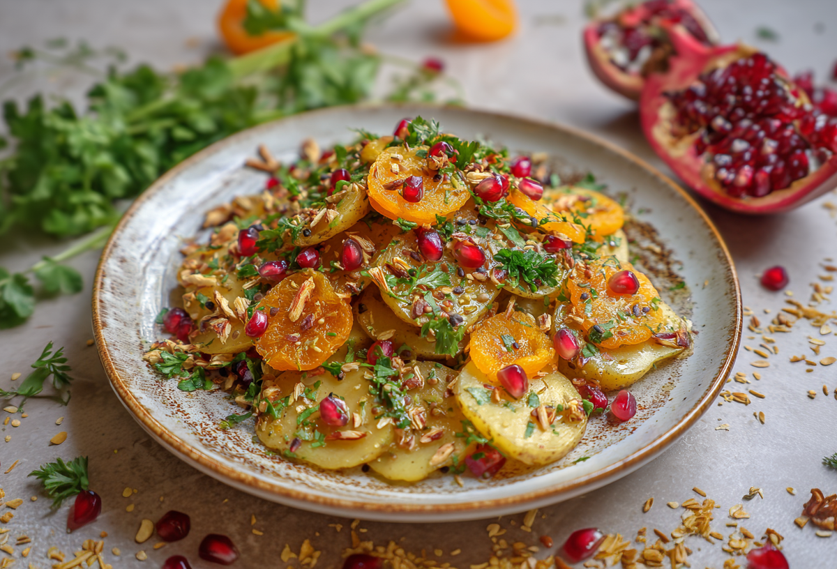 Un plato con ensalada de papa oriental. Está decorado con granos de granada y albaricoques secos picados. Alrededor del plato hay granos de granada, perejil y nueces picadas.