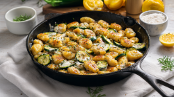 Un plato de ñoquis con calabacín sobre un paño de cocina blanco. Al fondo se ven algunos limones. La sartén está rodeada de unas ramitas de romero fresco.