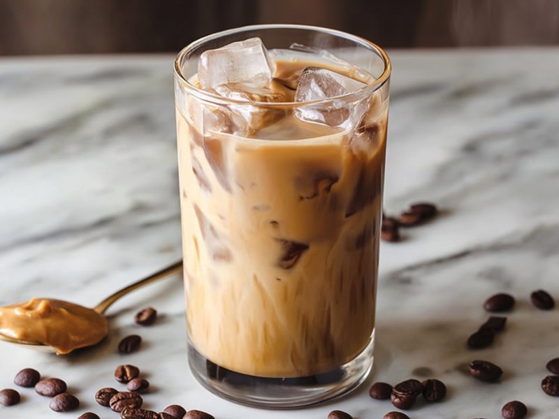 Un vaso de latte helado de mantequilla de cacahuete sobre una superficie de trabajo de mármol claro. Alrededor hay granos de café esparcidos y se ve una cuchara llena de mantequilla de cacahuete.