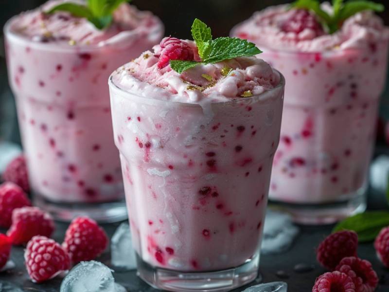 Tres vasos con mousse de frambuesa