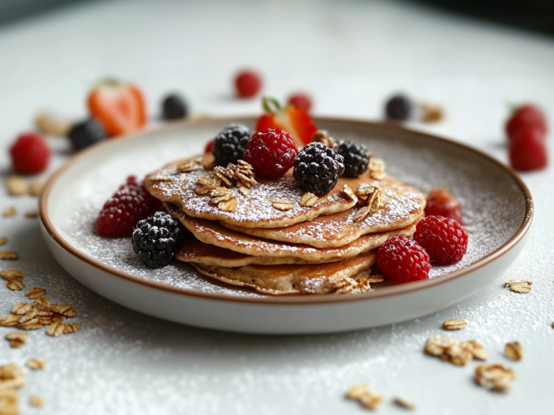 Pancakes de Muesli apilados en un plato blanco. Están espolvoreados con bayas y azúcar glas. Alrededor del plato hay muesli y más bayas esparcidas.