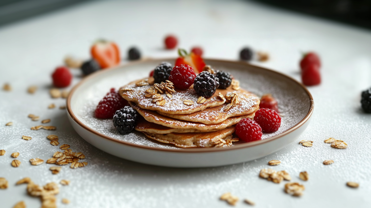 Pancakes de Muesli apilados en un plato blanco. Están espolvoreados con bayas y azúcar glas. Alrededor del plato hay muesli y más bayas esparcidas.