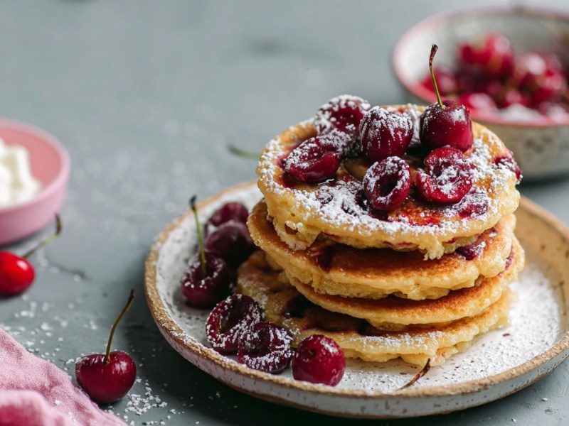 Un plato con una pila de panqueques de cereza adornados con algunas cerezas frescas y azúcar glas. Al fondo se ve un tazón con un poco de requesón de vainilla y un tazón con cerezas. Además, hay algunas cerezas frescas esparcidas. En la esquina inferior izquierda de la imagen hay un paño de cocina rosa.