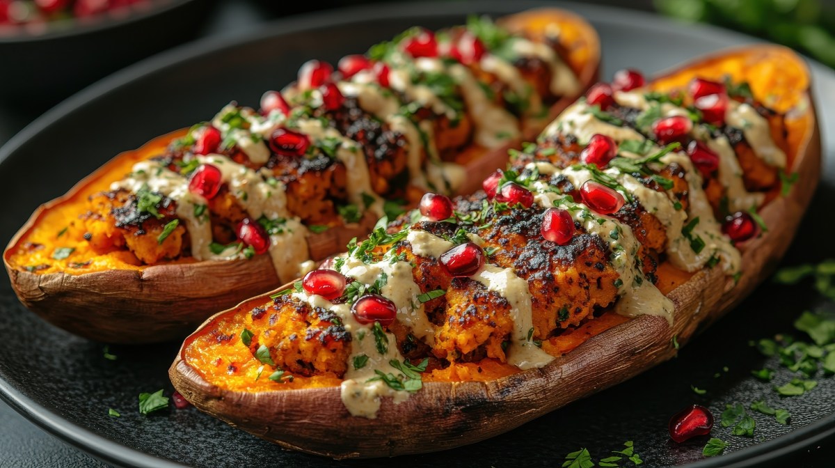 Dos papas rellenas con salsa tahini en un plato negro. Están rellenas de falafel, cubiertas con salsa tahini y decoradas con semillas de granada.