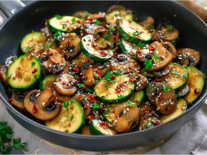 Salteado asiático de calabacín y champiñones