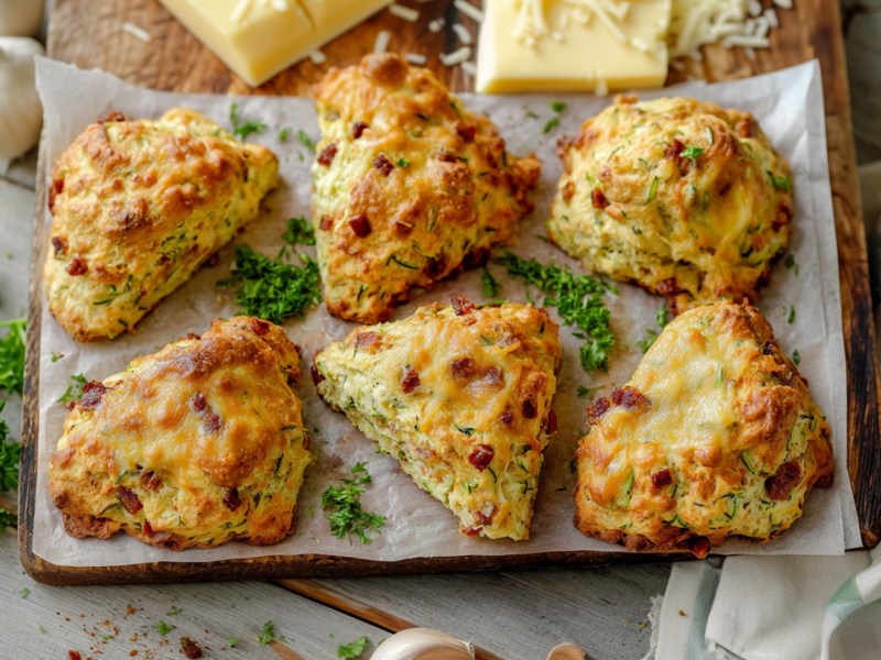 Una tabla de madera cubierta con papel de hornear blanco sobre la que se encuentran seis scones de calabacín con queso y tocino. Al fondo se ven trozos de queso y un poco de queso rallado. Además, hay perejil fresco picado esparcido, así como un poco de ajo. Un paño de cocina está colocado en el lado derecho de la imagen.