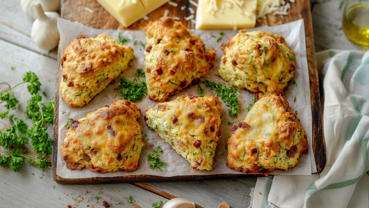 Una tabla de madera cubierta con papel de hornear blanco sobre la que se encuentran seis scones de calabacín con queso y tocino. Al fondo se ven trozos de queso y un poco de queso rallado. Además, hay perejil fresco picado esparcido, así como un poco de ajo. Un paño de cocina está colocado en el lado derecho de la imagen.