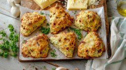 Una tabla de madera cubierta con papel de hornear blanco sobre la que se encuentran seis scones de calabacín con queso y tocino. Al fondo se ven trozos de queso y un poco de queso rallado. Además, hay perejil fresco picado esparcido, así como un poco de ajo. Un paño de cocina está colocado en el lado derecho de la imagen.