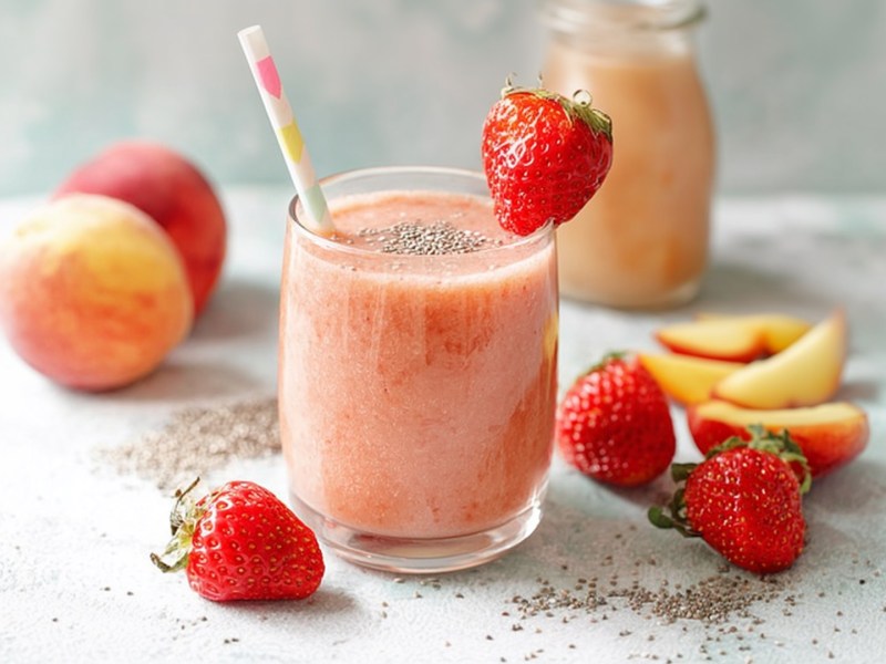 Un vaso de smoothie de fresa y melocotón con una pajita y decorado con una fresa en el borde del vaso. Alrededor del vaso hay fresas frescas, al fondo dos melocotones y unos trozos de melocotón.