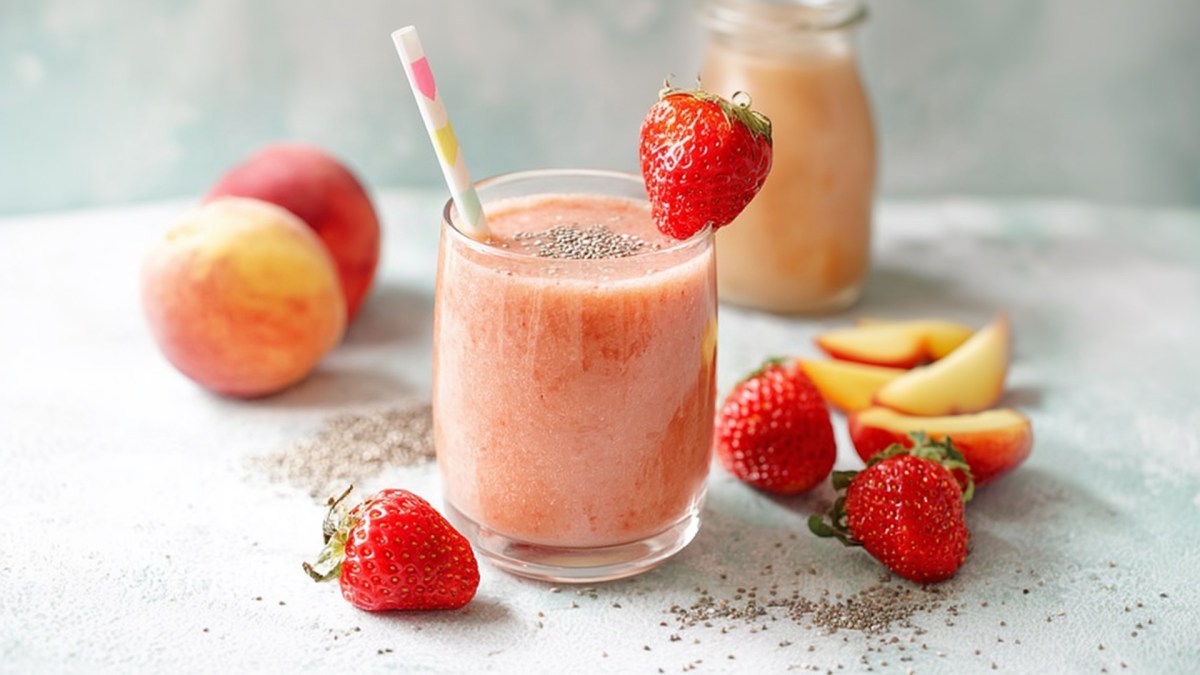 Un vaso de smoothie de fresa y melocotón con una pajita y decorado con una fresa en el borde del vaso. Alrededor del vaso hay fresas frescas, al fondo dos melocotones y unos trozos de melocotón.