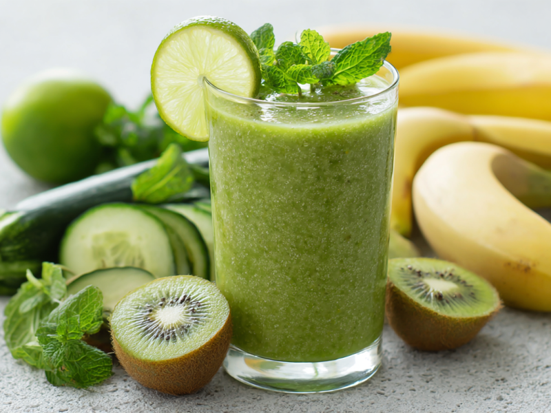 Un vaso de smoothie de kiwi y calabacín sobre una encimera gris. Alrededor del vaso hay kiwis, pepinos, plátanos y un calabacín. El smoothie está decorado con una rodaja de lima.