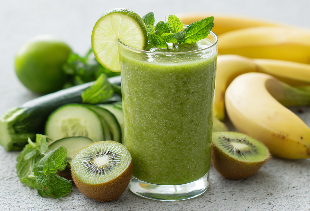 Un vaso de smoothie de kiwi y calabacín sobre una encimera gris. Alrededor del vaso hay kiwis, pepinos, plátanos y un calabacín. El smoothie está decorado con una rodaja de lima.