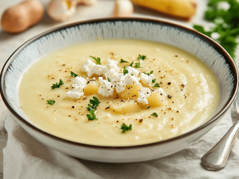 Un tazón de sopa de papa con feta, decorado con feta y perejil.