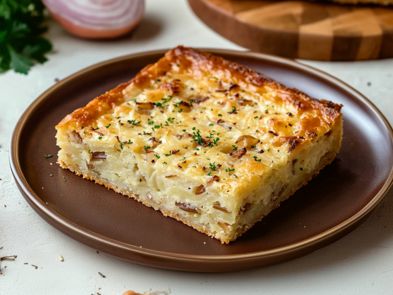 Una porción de tarta de cebolla en bandeja está en un plato marrón. A la izquierda del plato hay dos cebollas. Al fondo a la izquierda hay un manojo de perejil y media cebolla. A la derecha se ve el comienzo de una tabla de cortar con otro trozo de tarta de cebolla encima.
