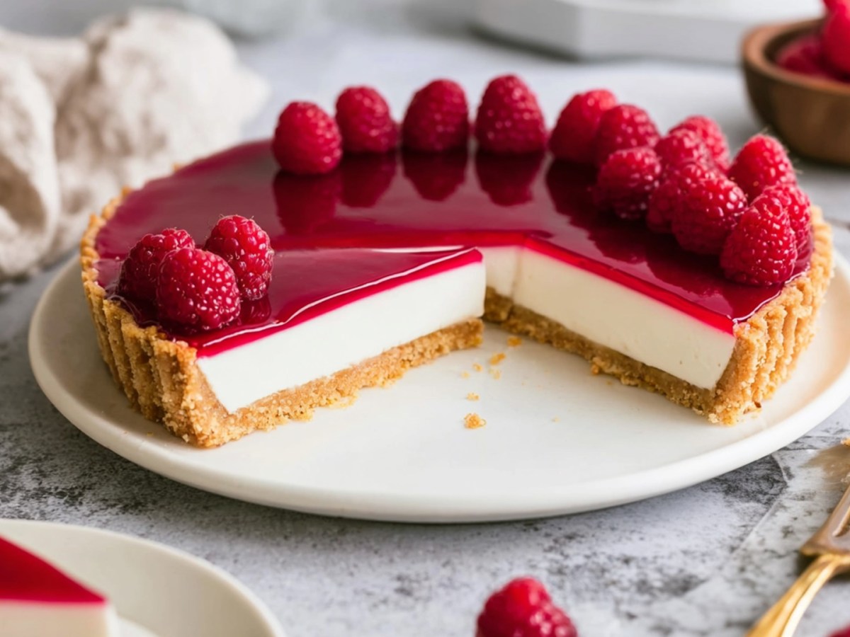 Un plato con una tarta de panna cotta de frambuesa cortada y decorada con frambuesas frescas. Junto al plato hay un viejo tenedor para pastel. Al fondo se ve un bol con frambuesas. En primer plano se puede ver un trozo de tarta en un plato.
