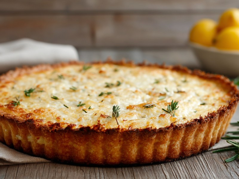 Una tarta de parmesano redonda sobre una mesa de madera. Está medio sobre un paño de cocina que está a su izquierda. Al fondo hay un tazón con limones frescos. A la derecha de la tarta de parmesano hay una ramita de romero fresco.