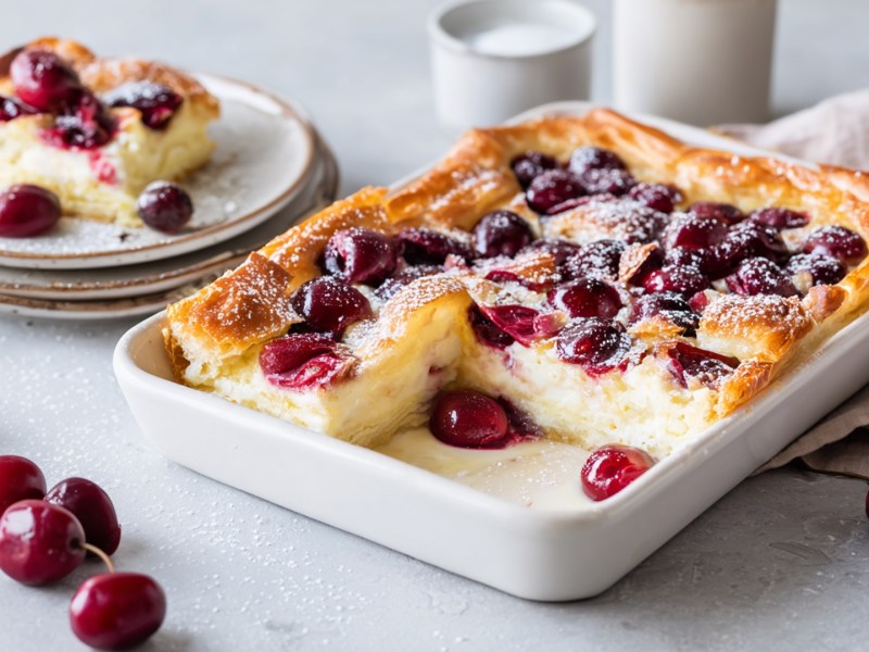 Un molde para hornear con una tarta de queso y cerezas con hojaldre, espolvoreada con azúcar glas. También se ve una pila de platos. En el plato superior hay un trozo de tarta. Alrededor hay cerezas frescas esparcidas, al fondo hay un vaso de leche. El molde para hornear está sobre un paño de cocina.